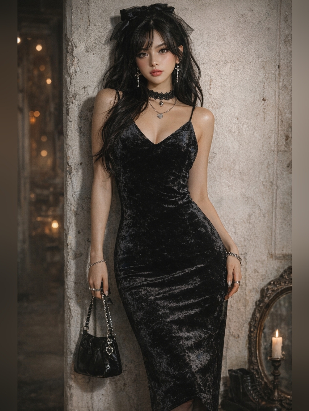 Revamped Black Velvet Midi Slip Dress with Thin‎ Straps - Picture 7 of 12